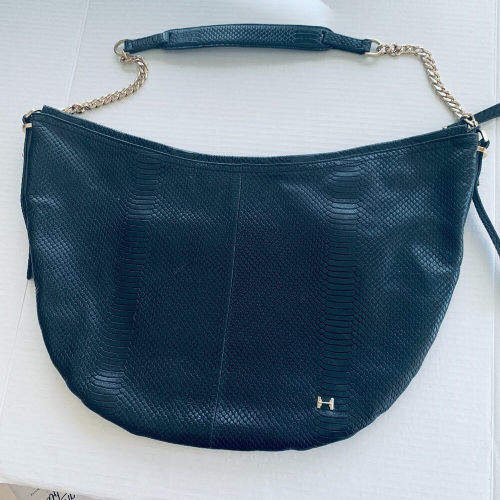 HALSTON Heritage Black Leather Shoulder Bag Purse Gold Chain